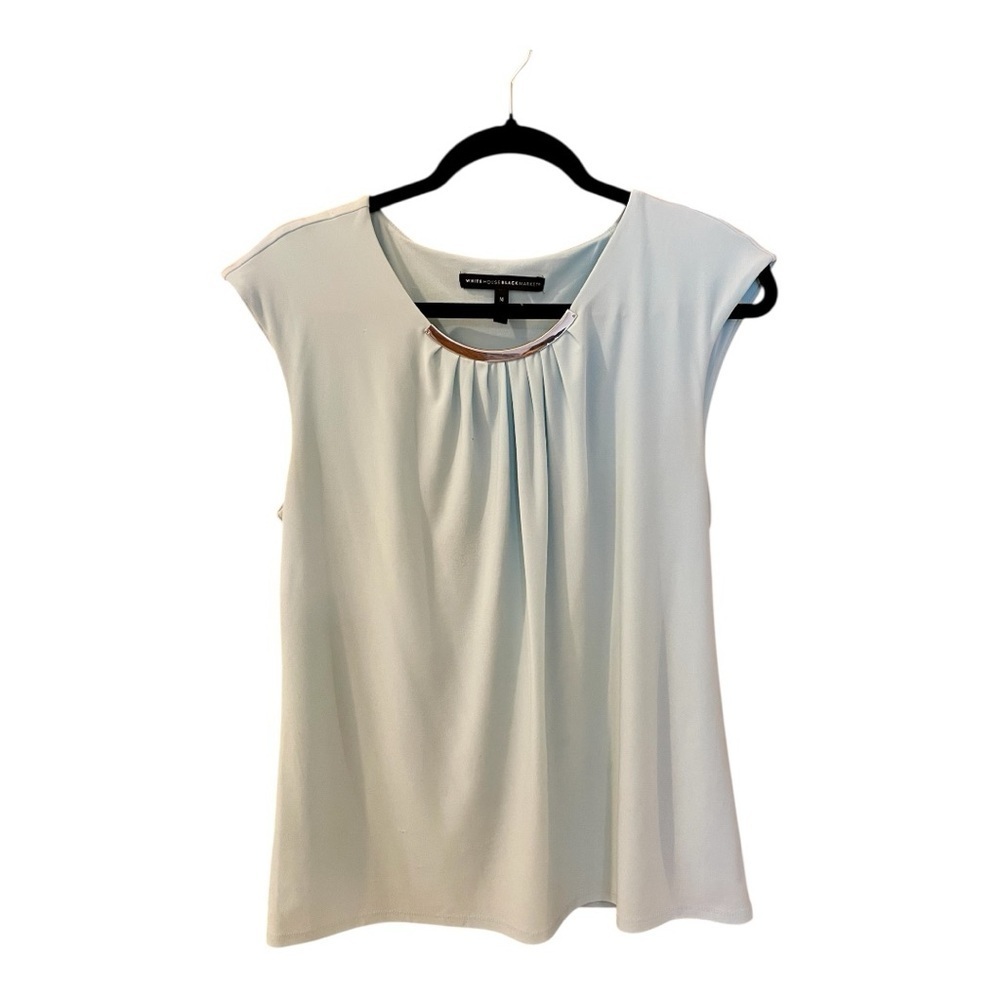 White House Black Market Top, Size M, Lt. Blue, Silver Bar Neck Accent.